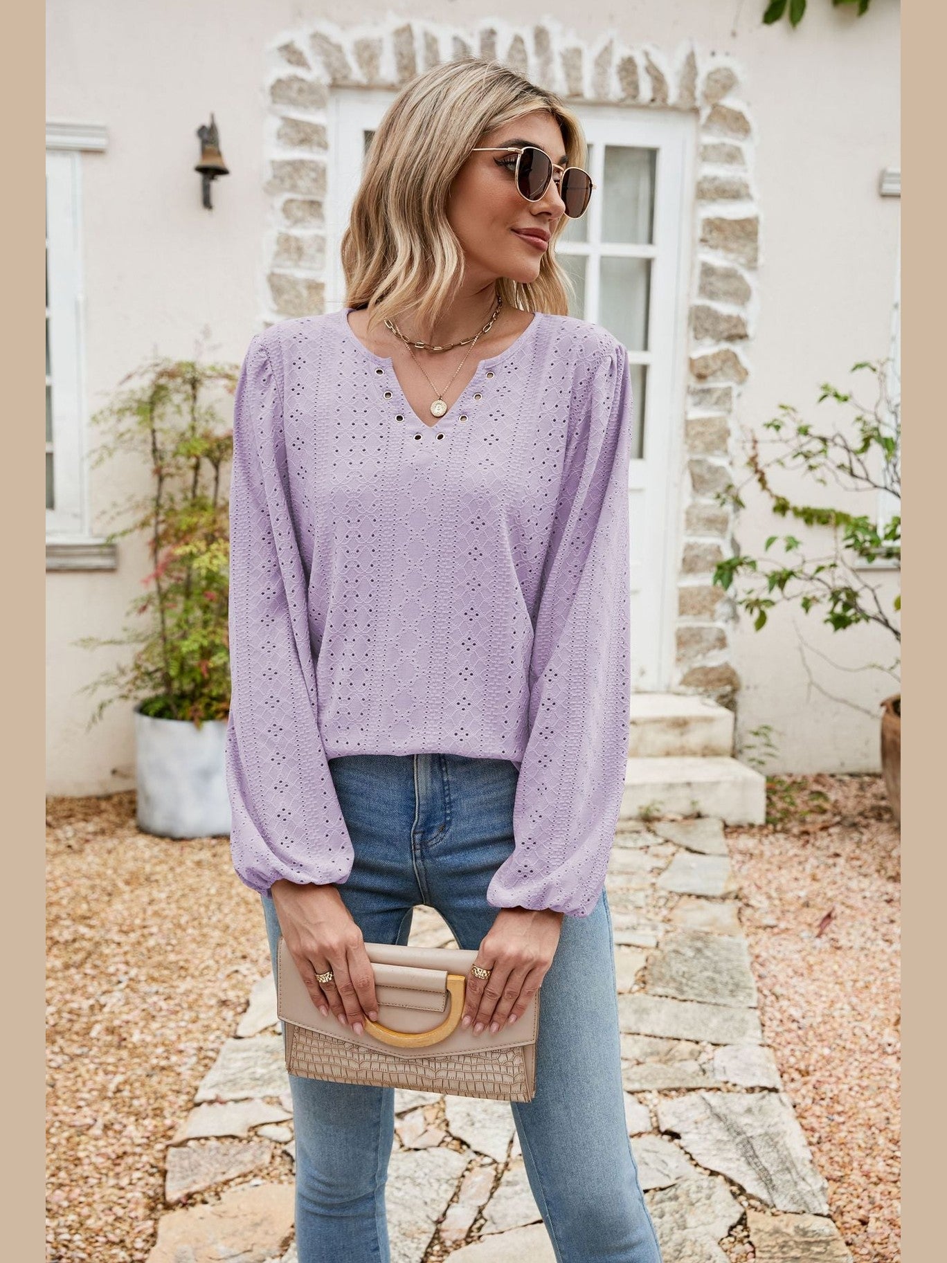 Eyelet Notched Neck Balloon Sleeve Blouse