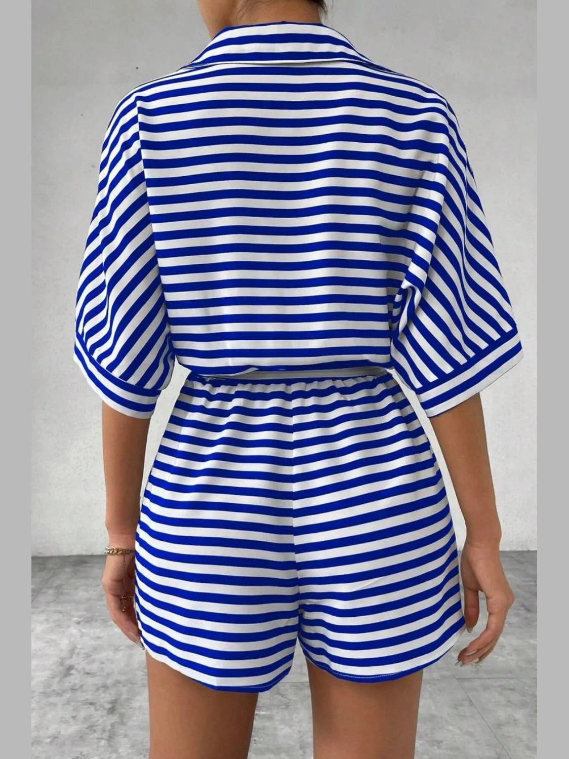 Striped Collared Neck Tie Waist Romper nicholesgifts