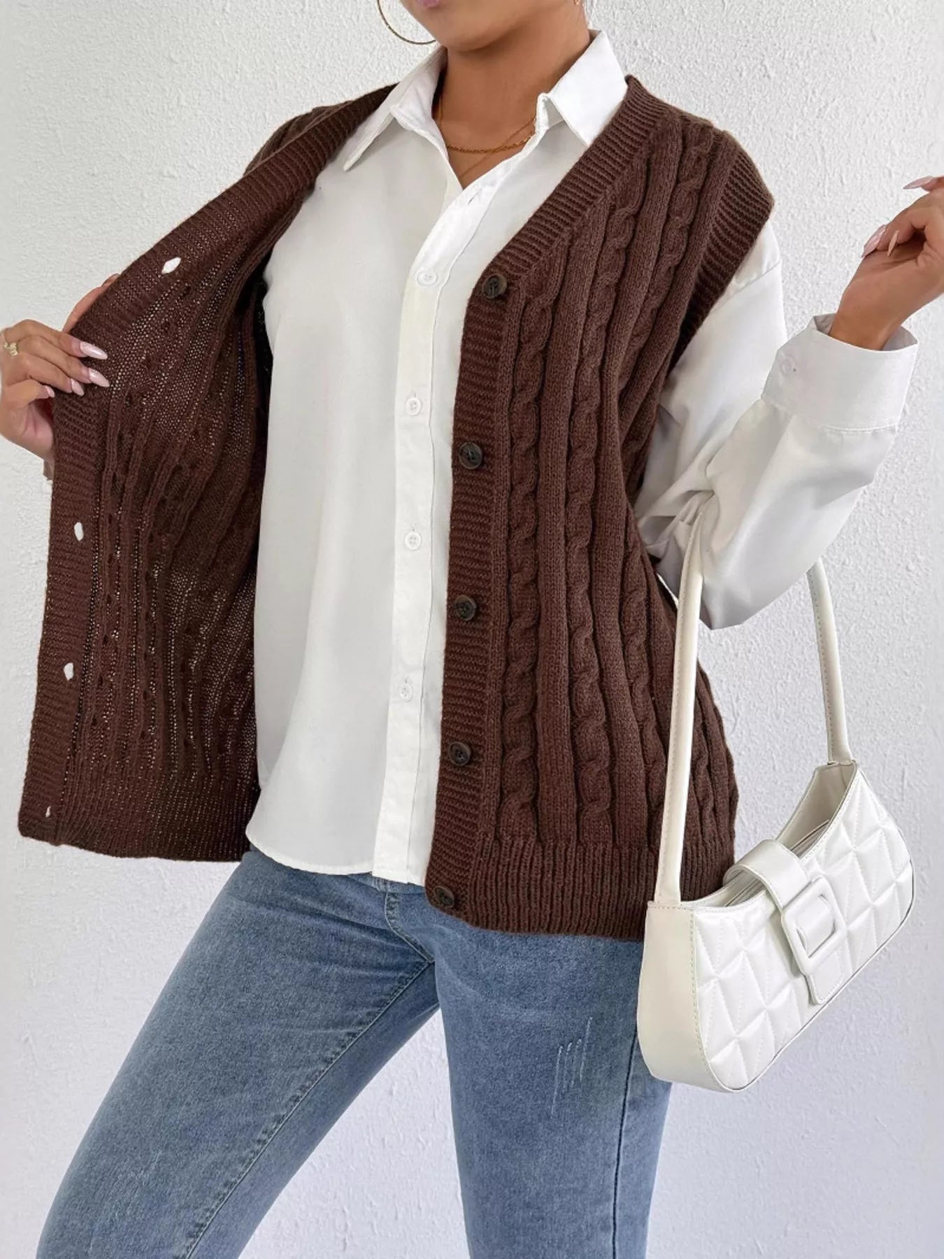 Cable-Knit Button-Up Sweater Vest nicholesgifts