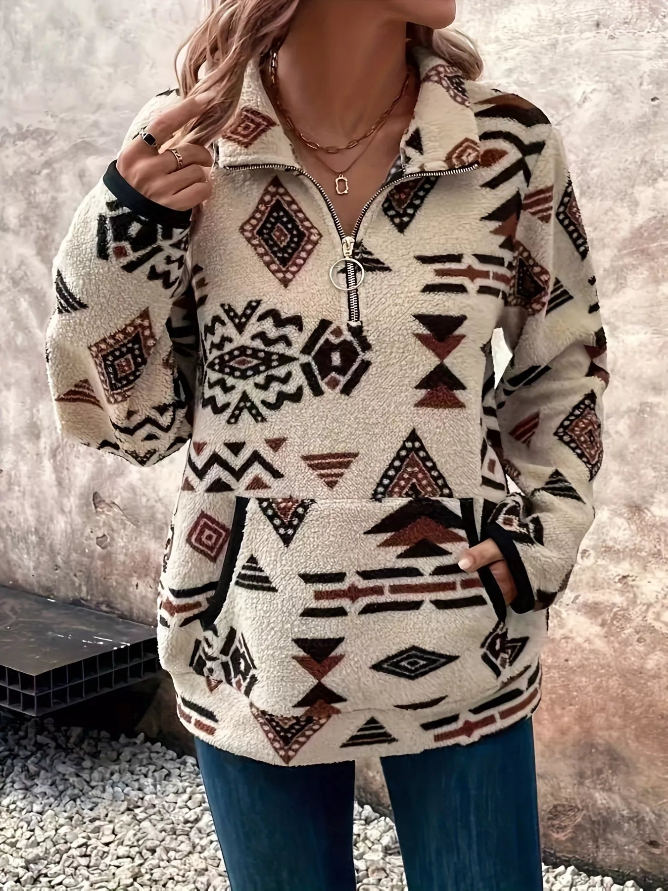 Geometric Half Zip Long Sleeve Sweatshirt nicholesgifts