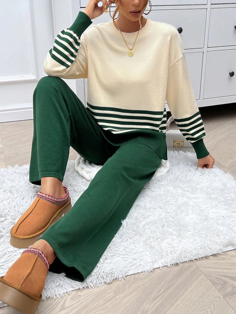 Devine Slit Striped Round Neck Top and Pants Sweater Set nicholesgifts