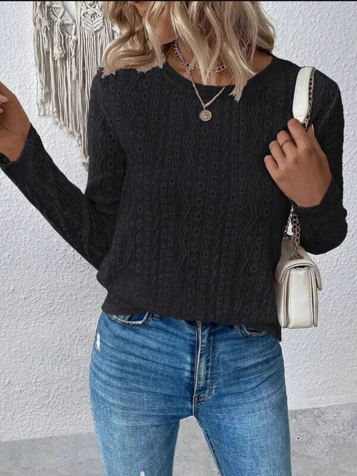 Full Size Eyelet Round Neck Long Sleeve Blouse Plus Size Trendsi