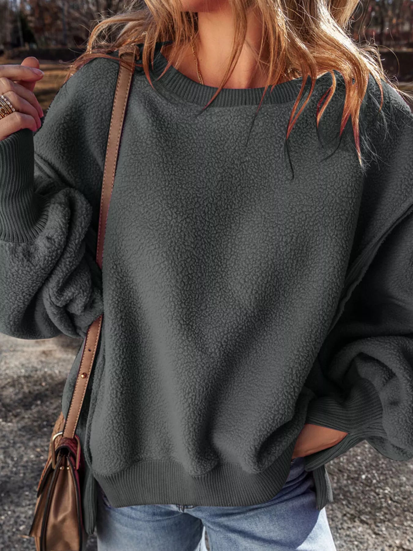 Round Neck Dropped Shoulder Sweatshirt Trendsi