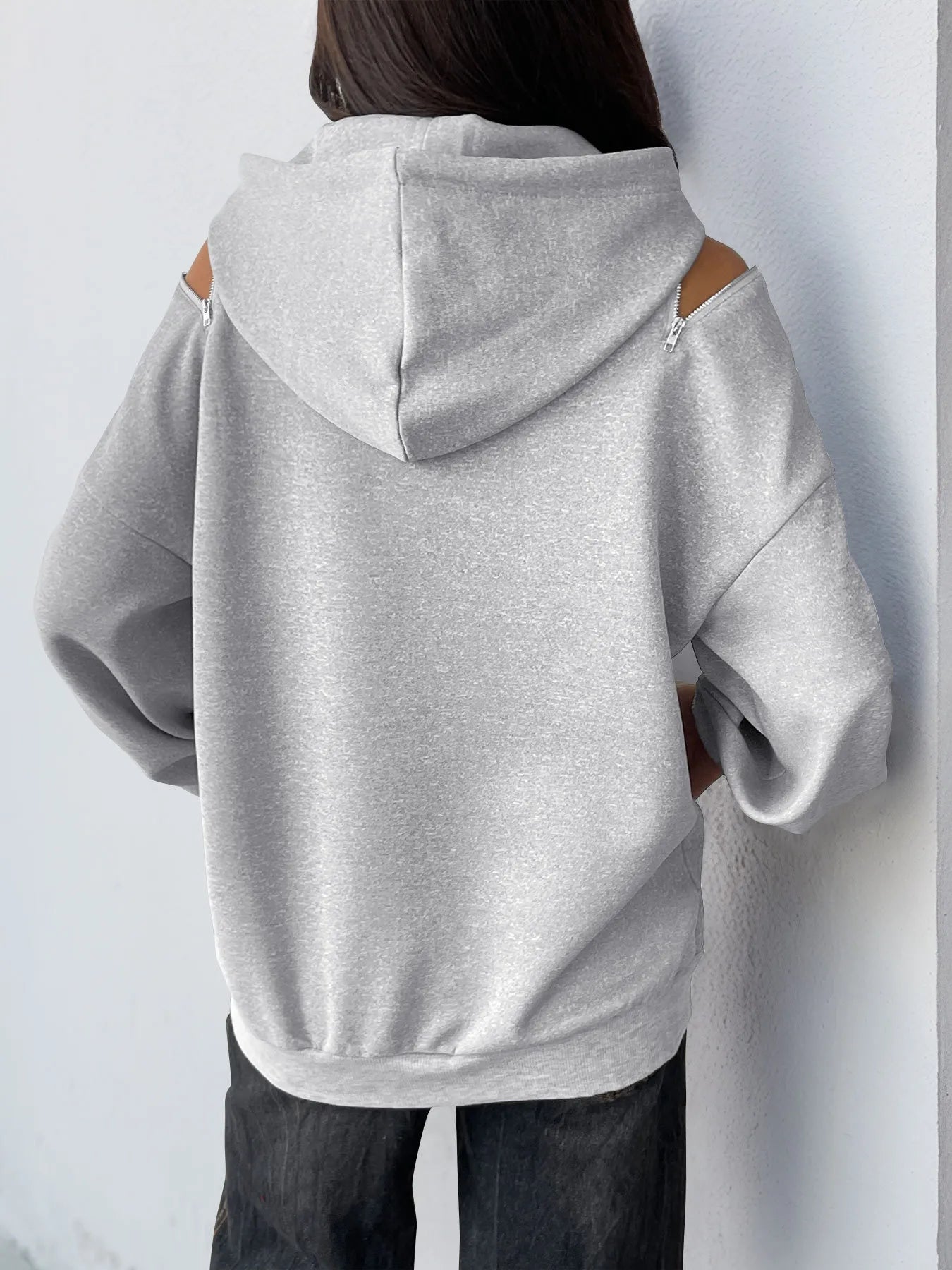 Drawstring Zip Detail Cold Shoulder Hoodie