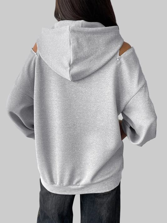 Women Drawstring Zip Detail Cold Shoulder Hoodie nicholesgifts