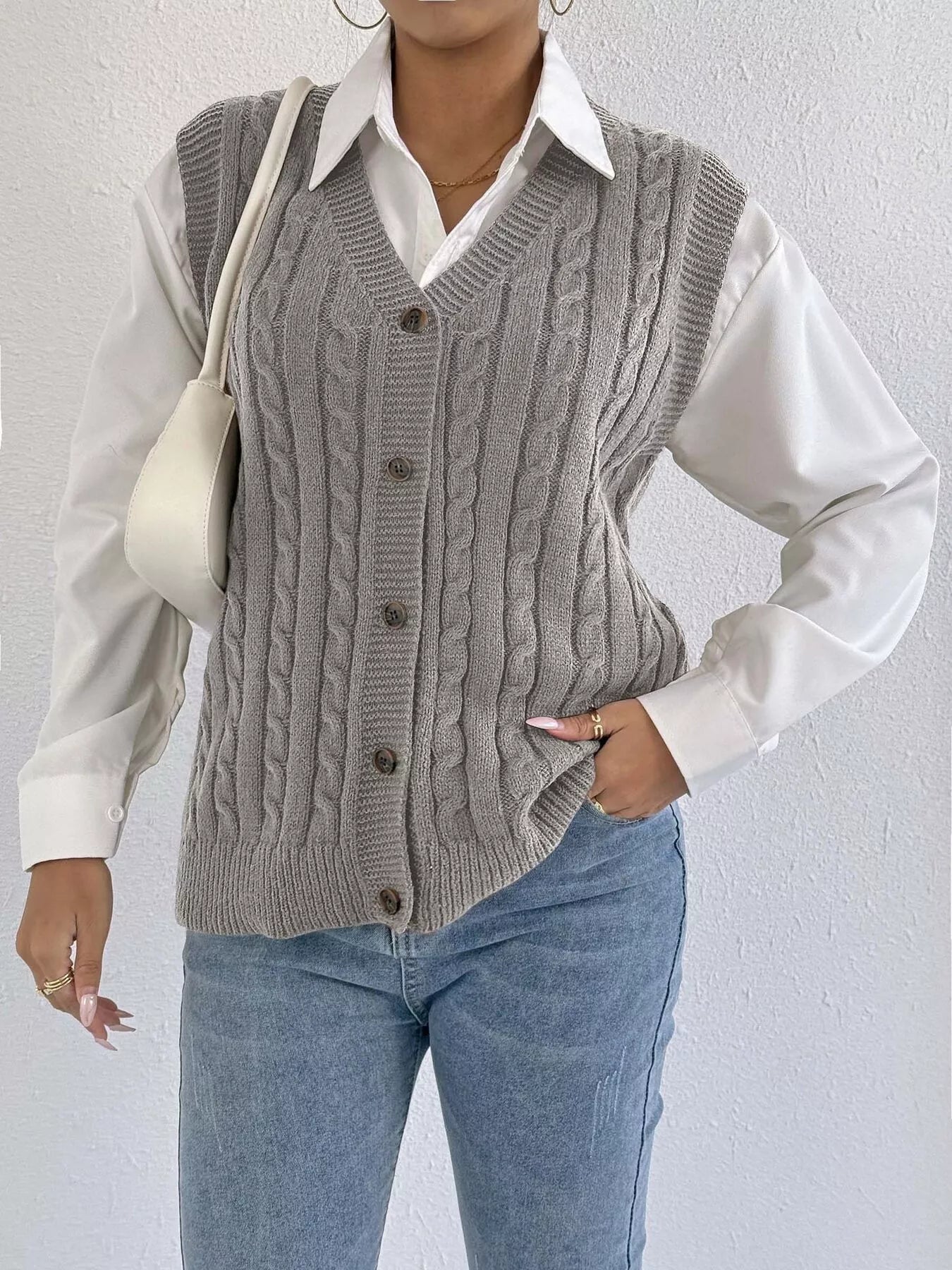 Cable-Knit Button-Up Sweater Vest nicholesgifts