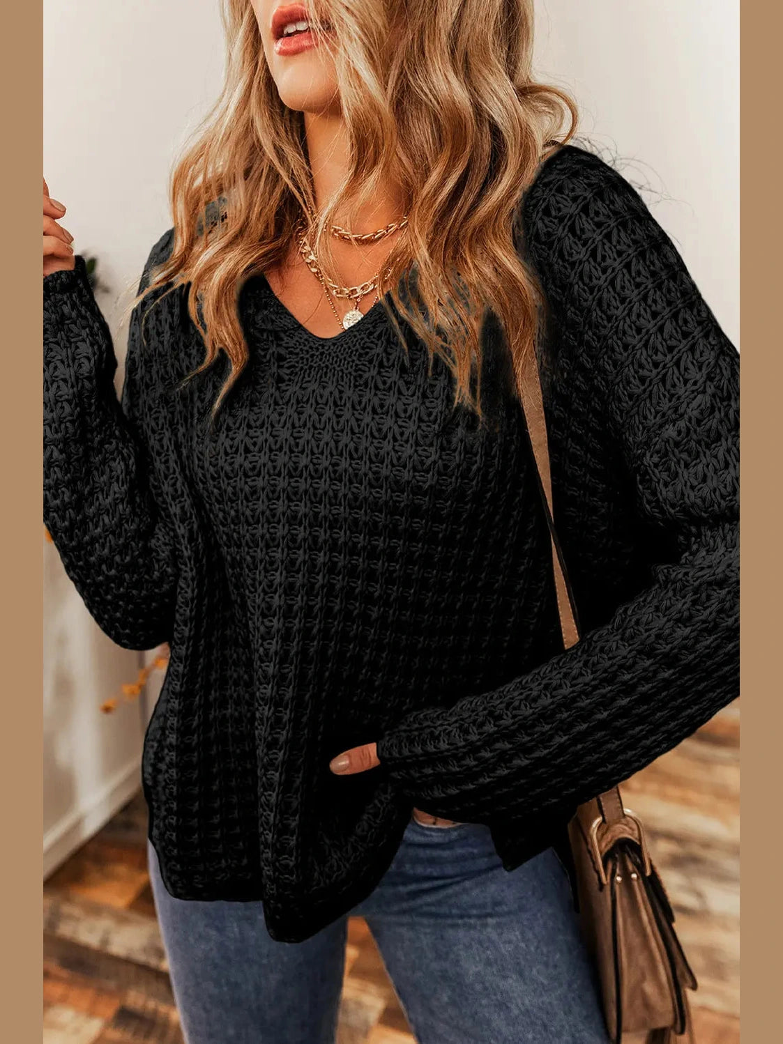 Openwork Round Neck Long Sleeve Sweater Trendsi