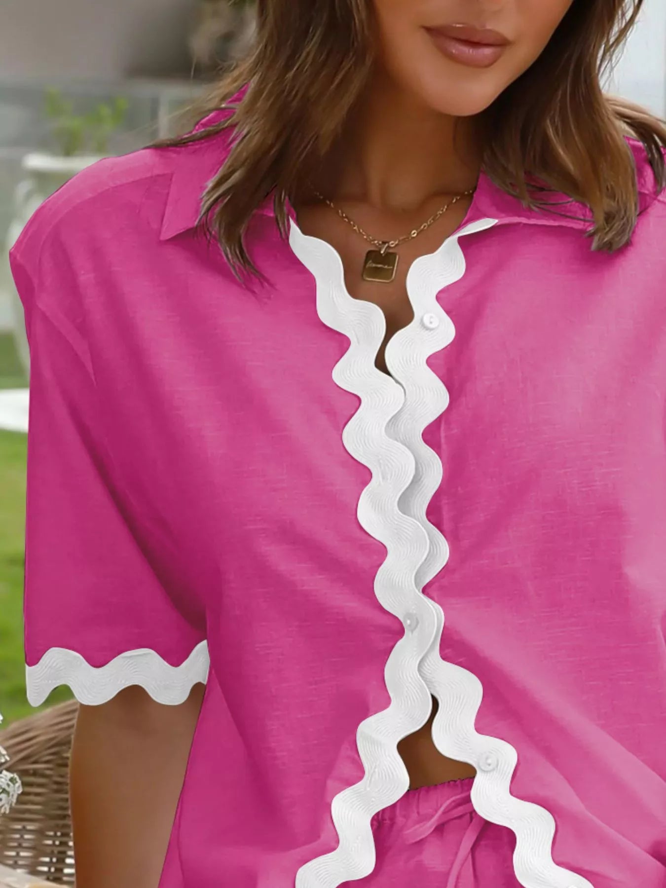 Scalloped Edge Short Sleeve Top and Shorts Set Trendsi