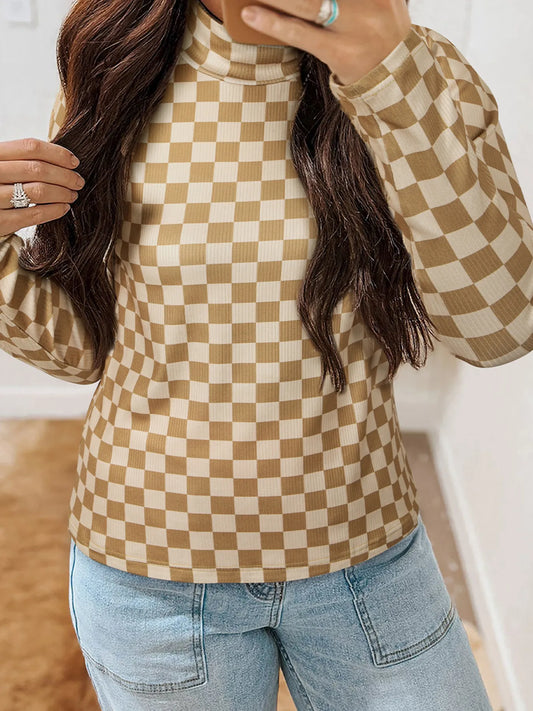 Check Pattern Turtleneck Slim Long Sleeve Tee Trendsi