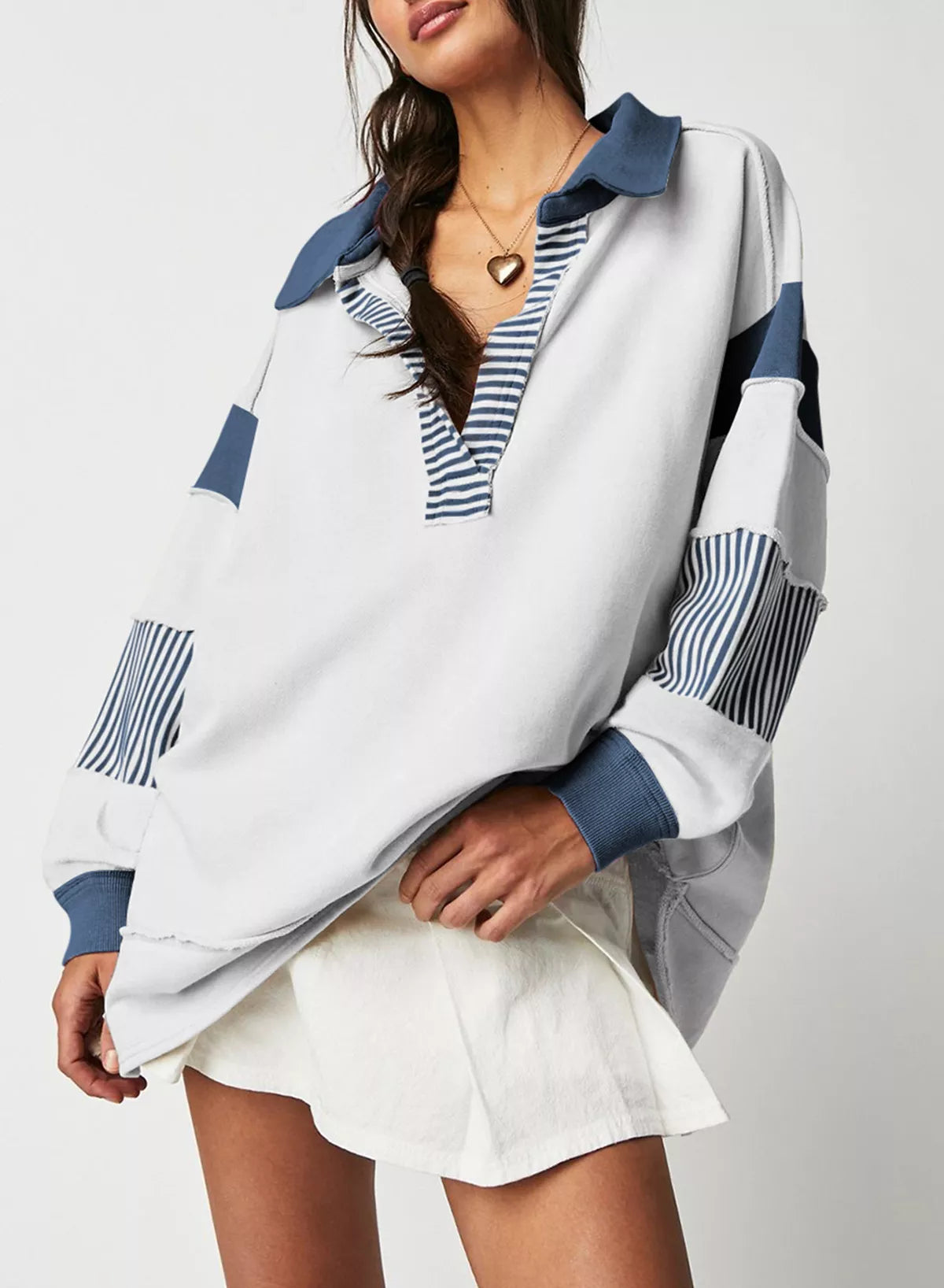 Color Block Striped Johnny Collar Sweatshirt nicholesgifts