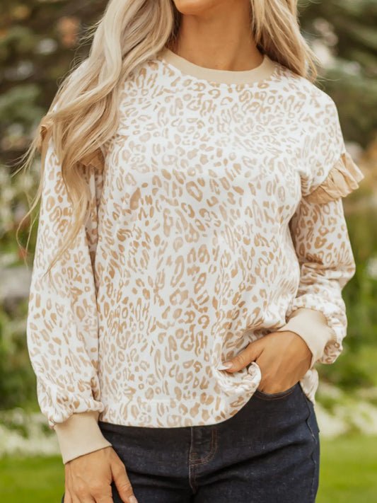 Leopard Ruffle Detail Ribbed Trim Round Neck Sweatshirt nicholesgifts
