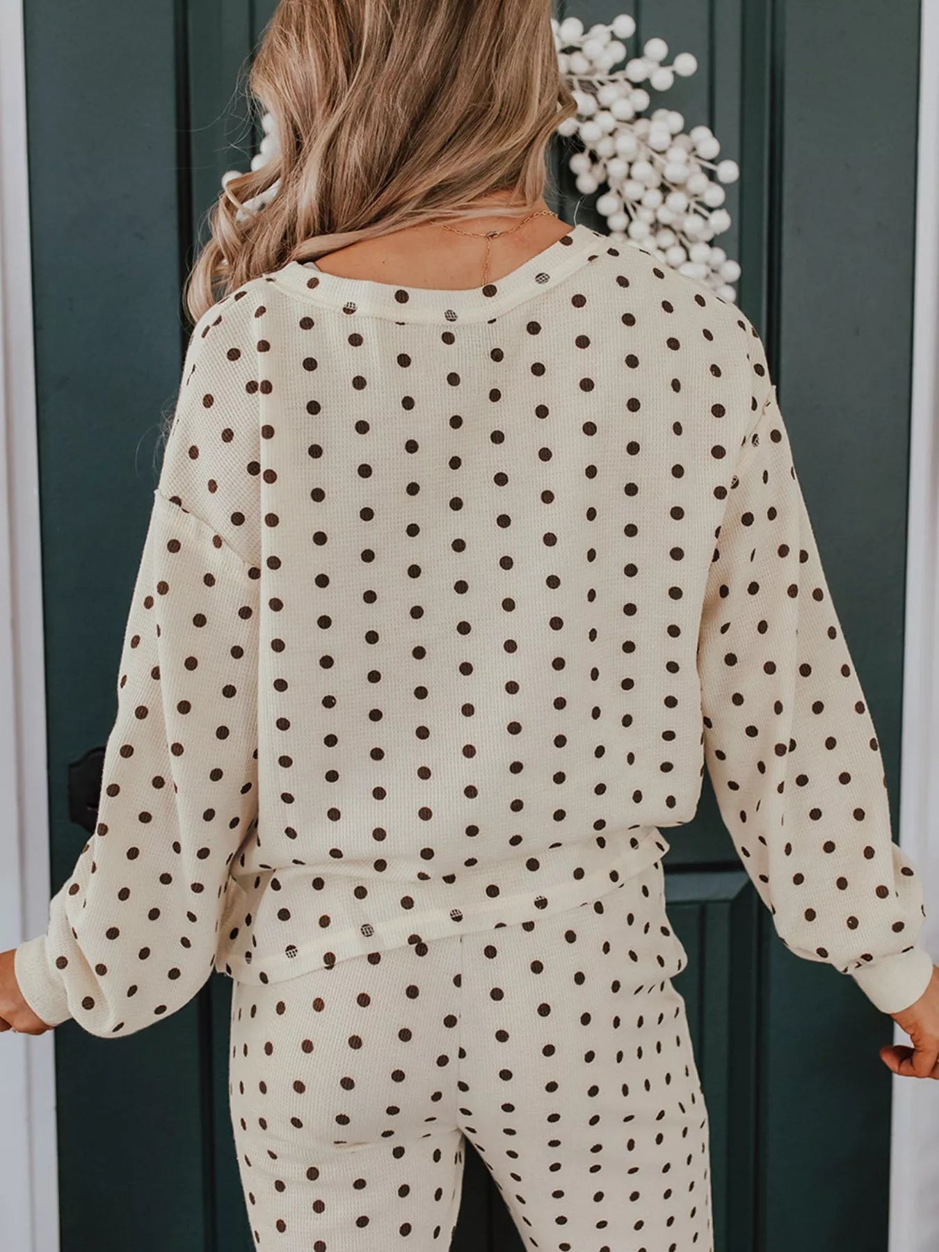 Polka Dot Notched Long Sleeve Top and Drawstring Joggers Lounge Set Trendsi