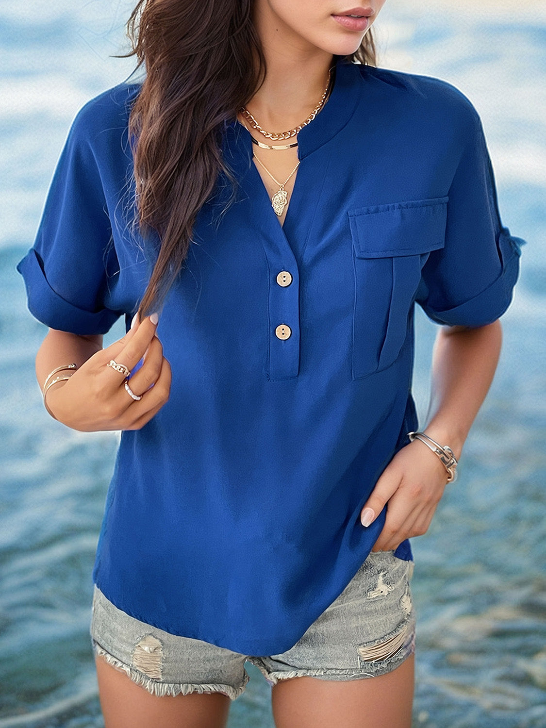 Buttoned Notched Short Sleeve Blouse nicholesgifts