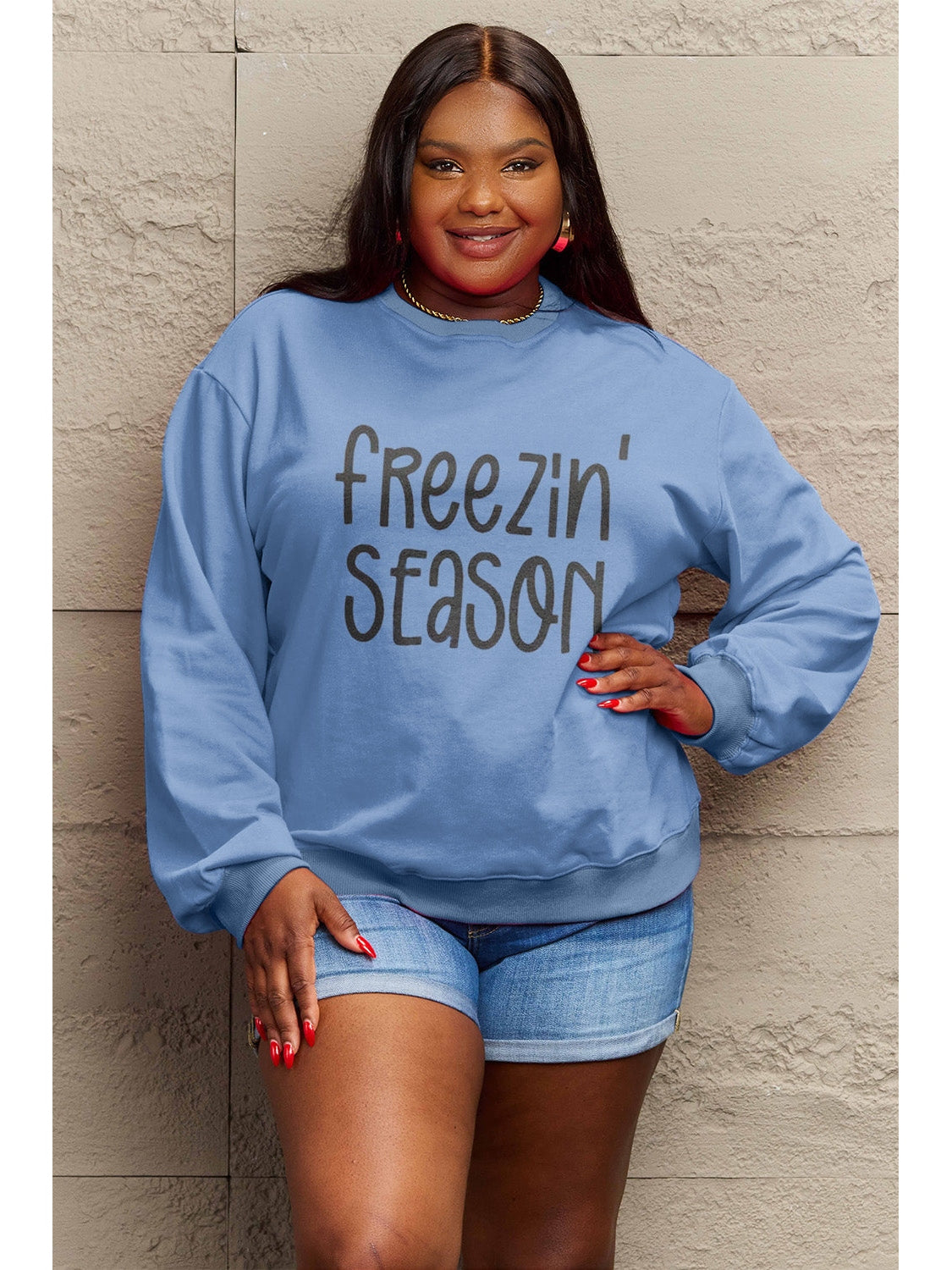 Women Simply Love Full Size FREEZIN' Season Graphic Sweatshirt nicholesgifts