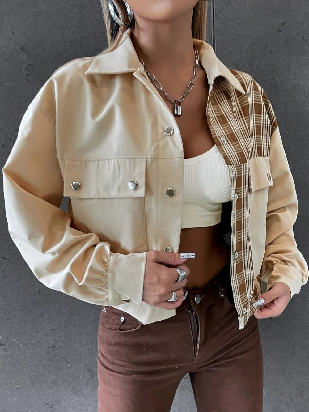 Snap Down Color Block Plaid Jacket Trendsi
