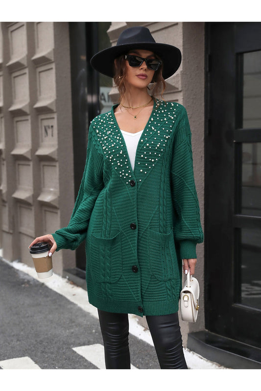 Women Pearl Detail Cable-Knit Button Up Cardigan NicholesGifts