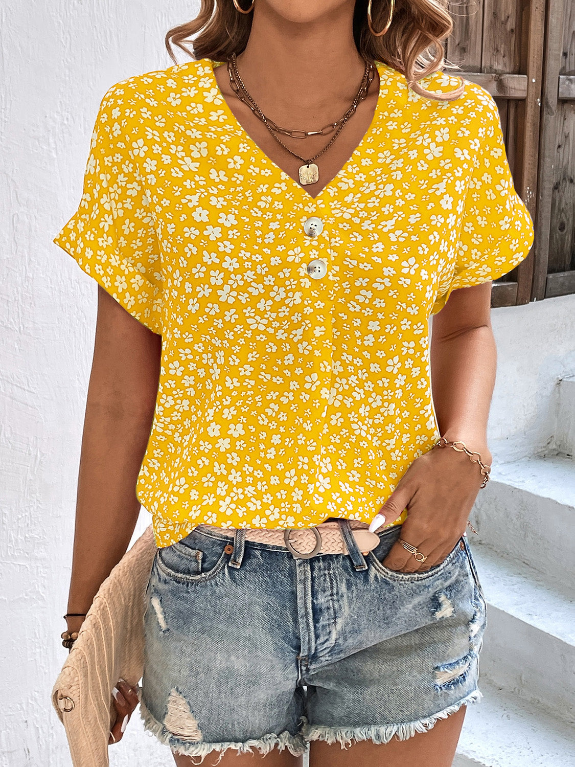 Printed V-Neck Short Sleeve Blouse nicholesgifts