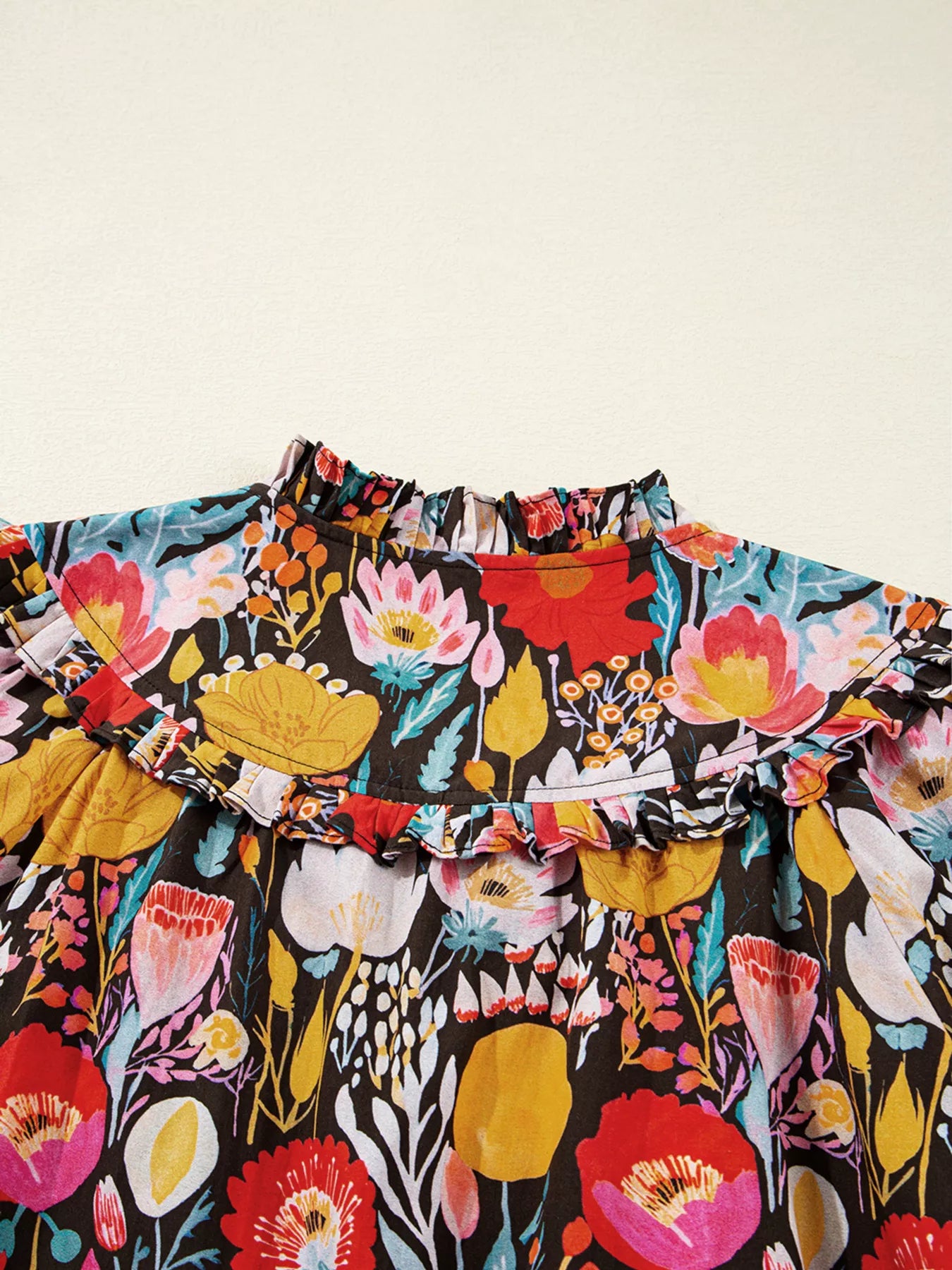 Floral 3/4 Puff Sleeve Tied Neck Blouse