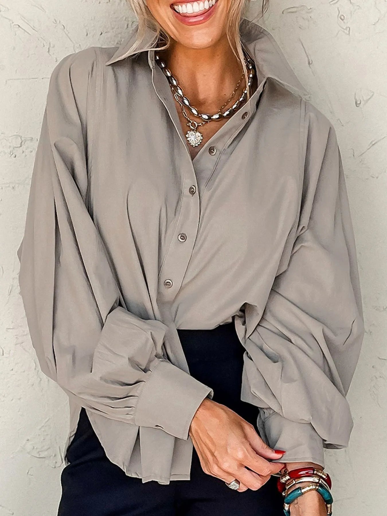 Button Up Lantern Sleeve Shirt NicholesGifts