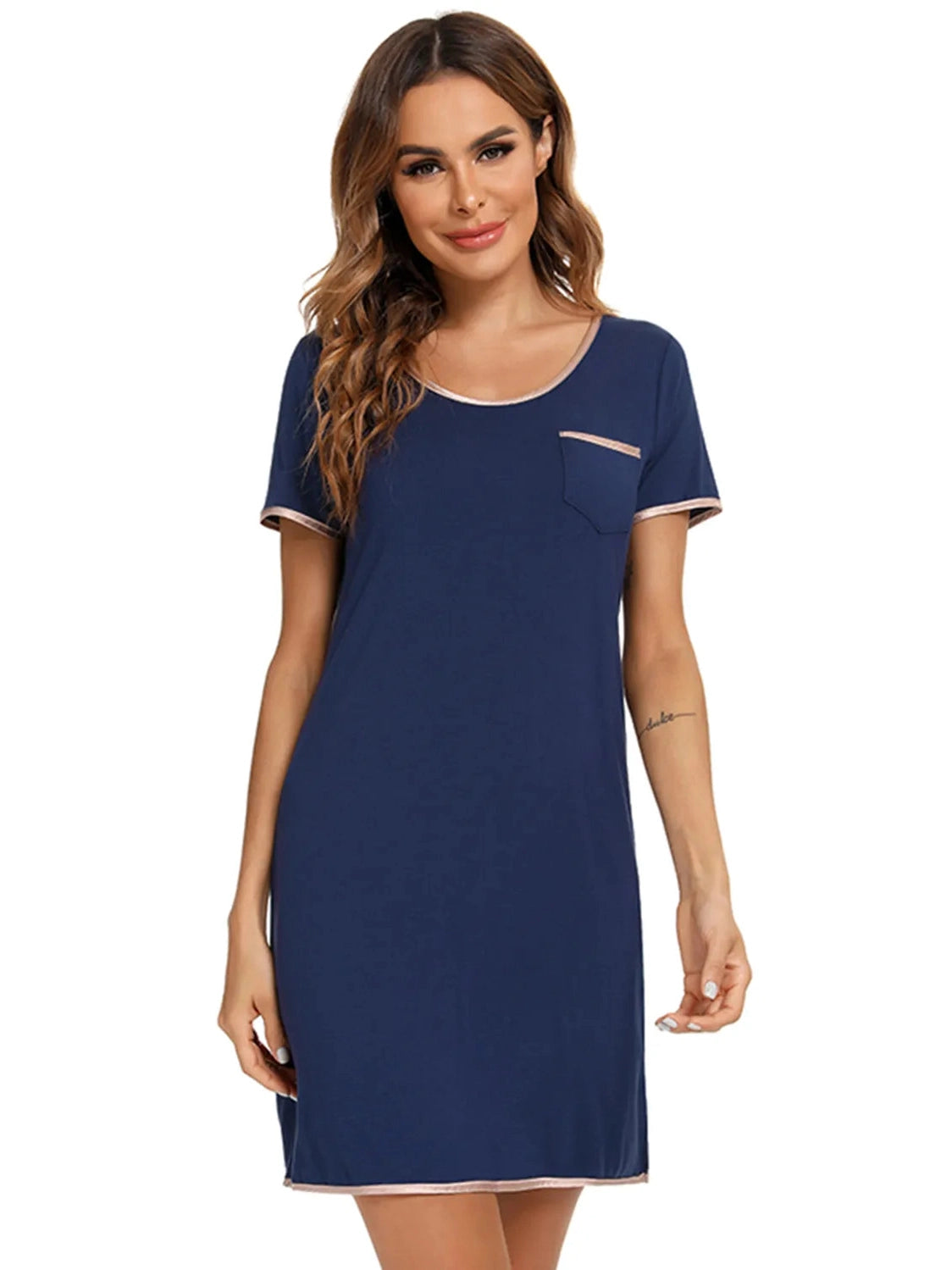 Contrast Trim Pocketed Round Neck Lounge Dress nicholesgifts