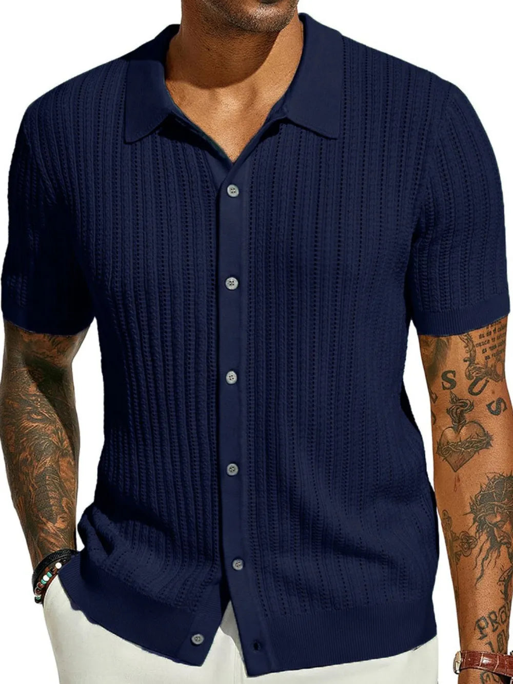 Men's Full Size Openwork Button Down Collared Neck Shirt Plus Size NicholesGifts