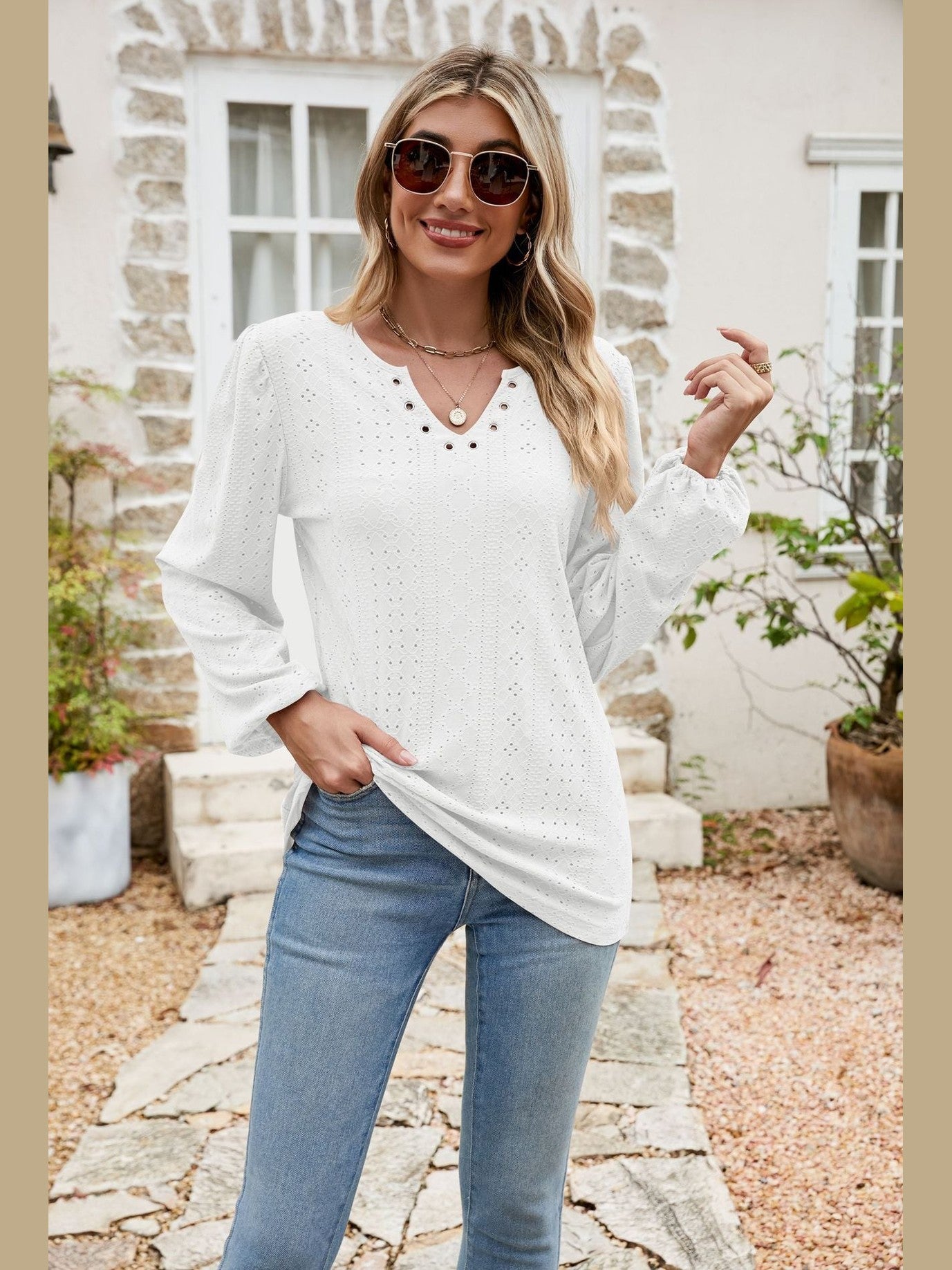 Eyelet Notched Neck Balloon Sleeve Blouse