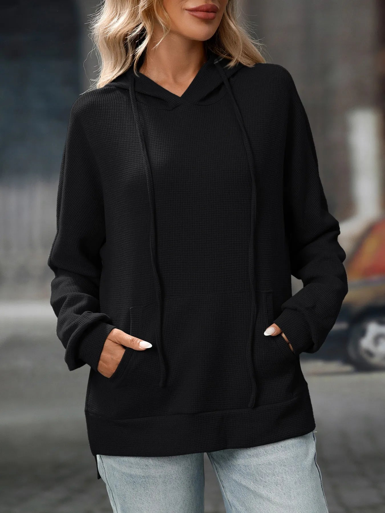 Textured Drawstring Long Sleeve Hoodie