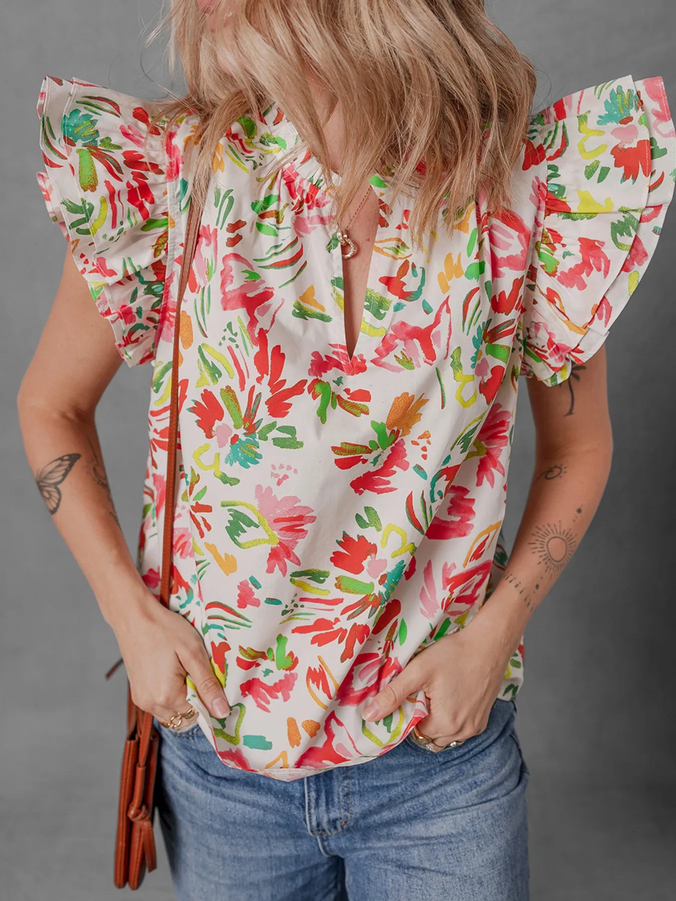 Multicolour Floral Printed Cap Sleeve Split Neck Blouse NicholesGifts