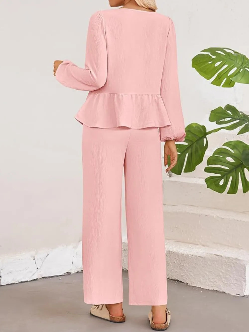 Tie Neck Balloon Sleeve Top and Pants Set nicholesgifts