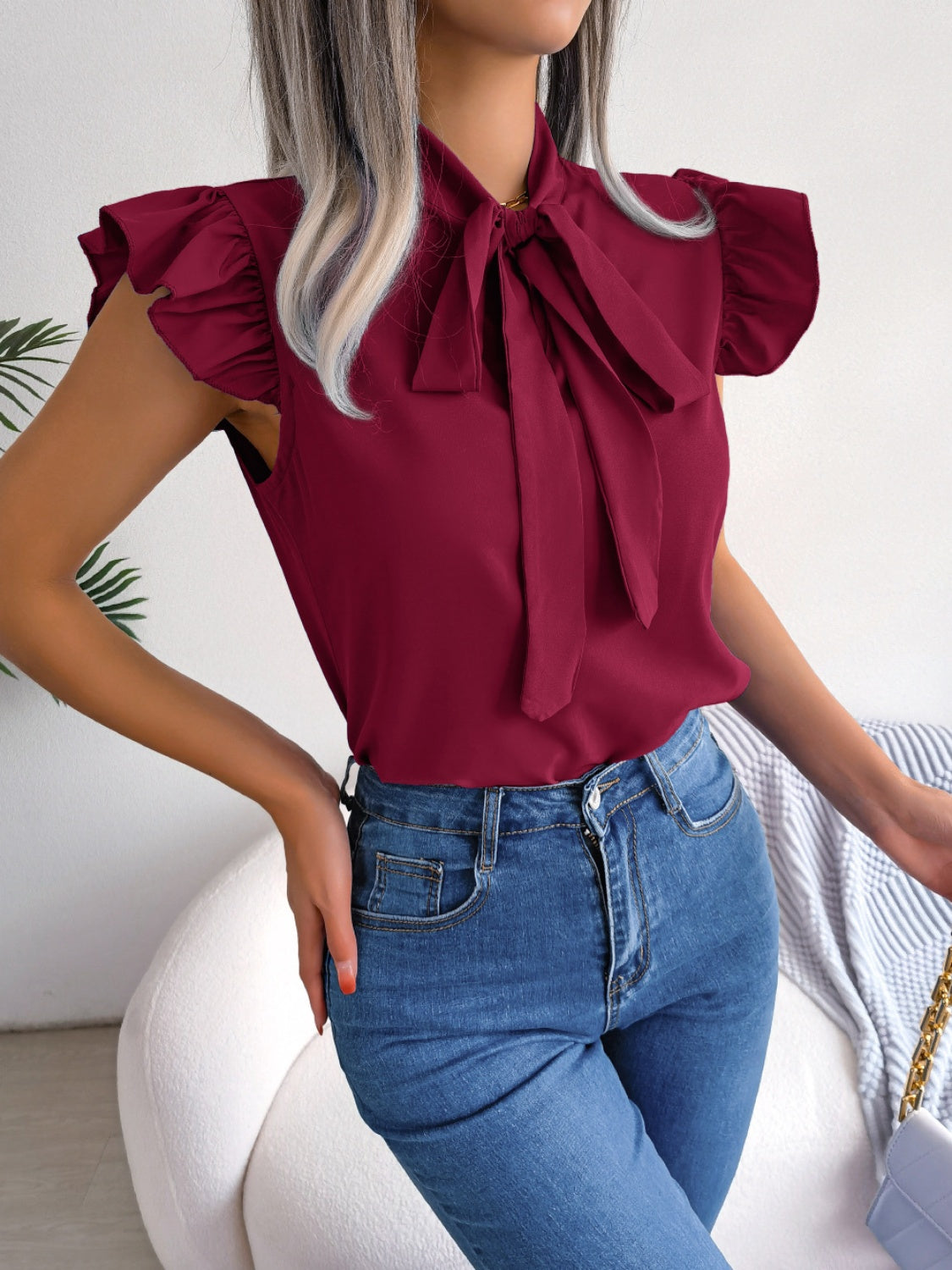 Tie Neck Cap Sleeve Blouse nicholesgifts