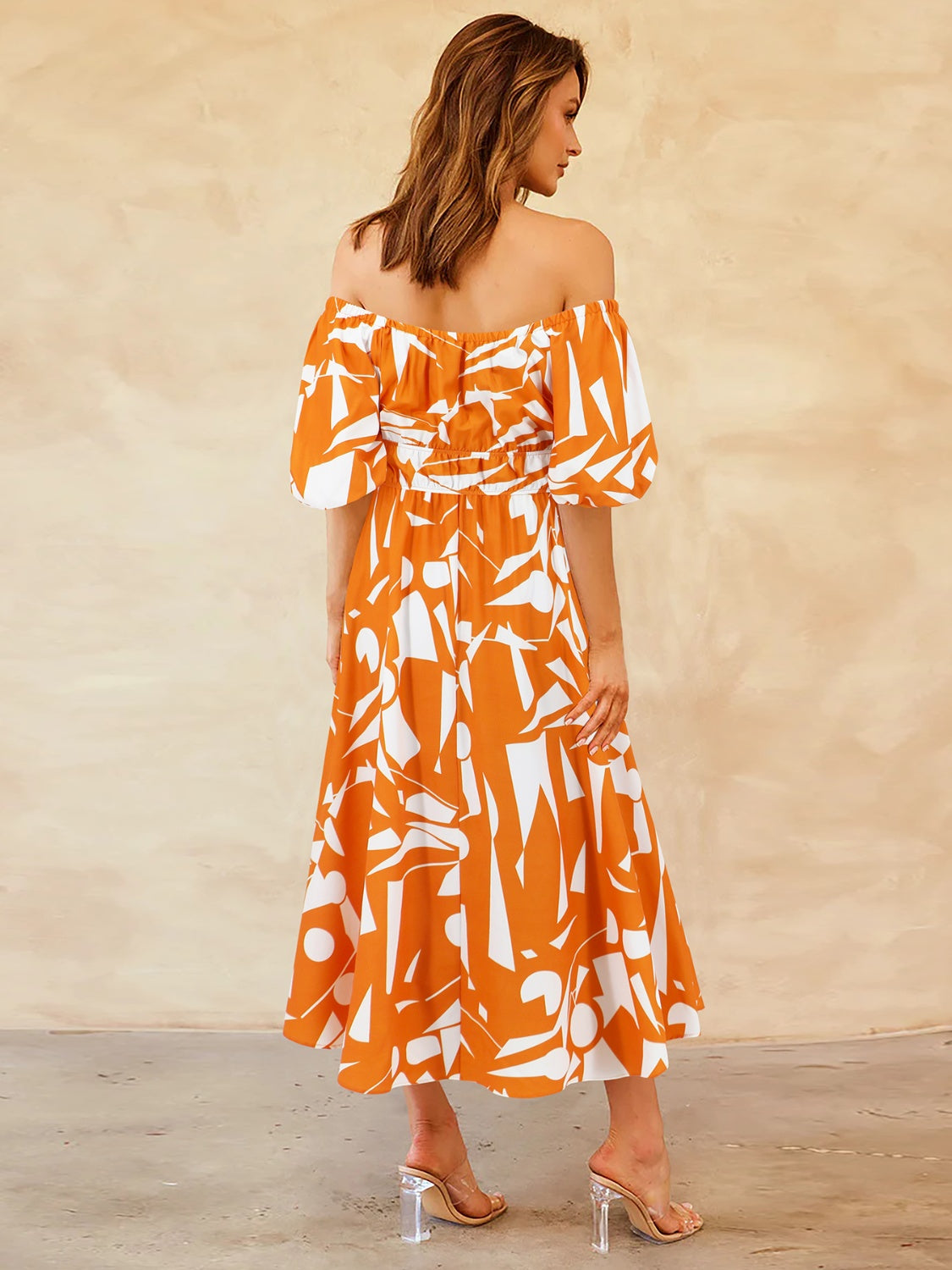 Printed Off-Shoulder Balloon Sleeve Dress nicholesgifts