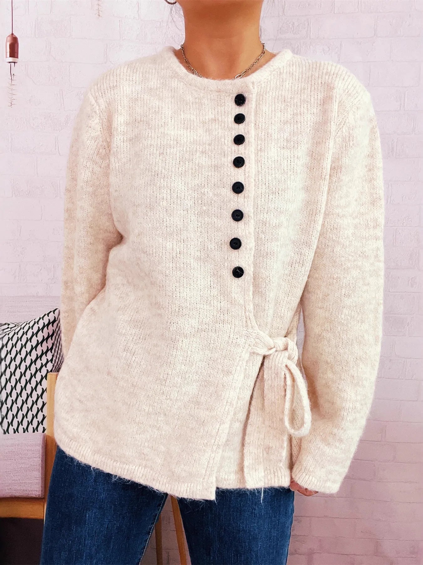 Button-Front Side-Tie Sweater