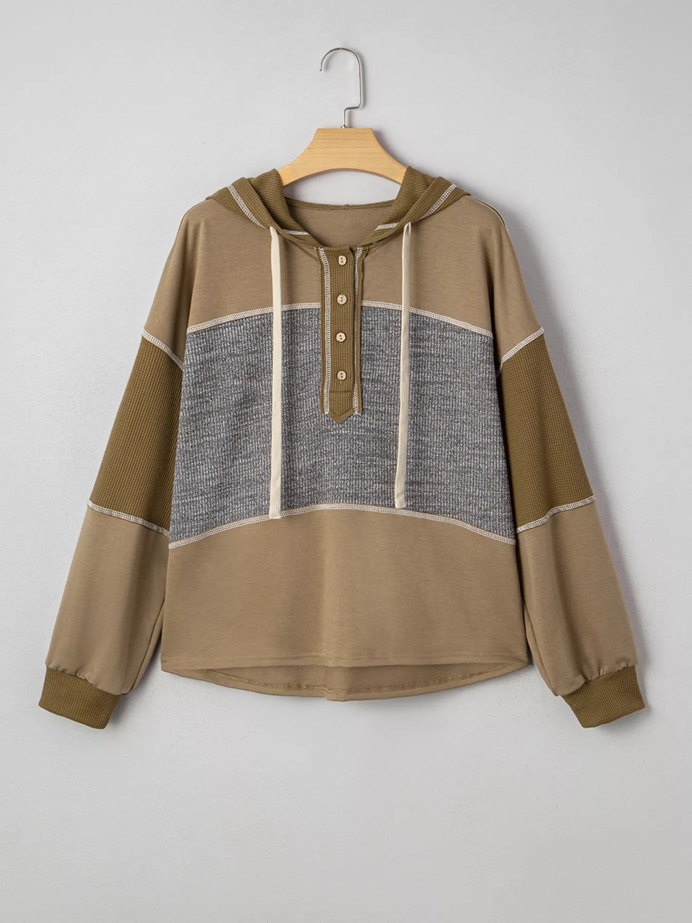Mixed Texture Patchwork Exposed Seam Half Button Hoodie Trendsi