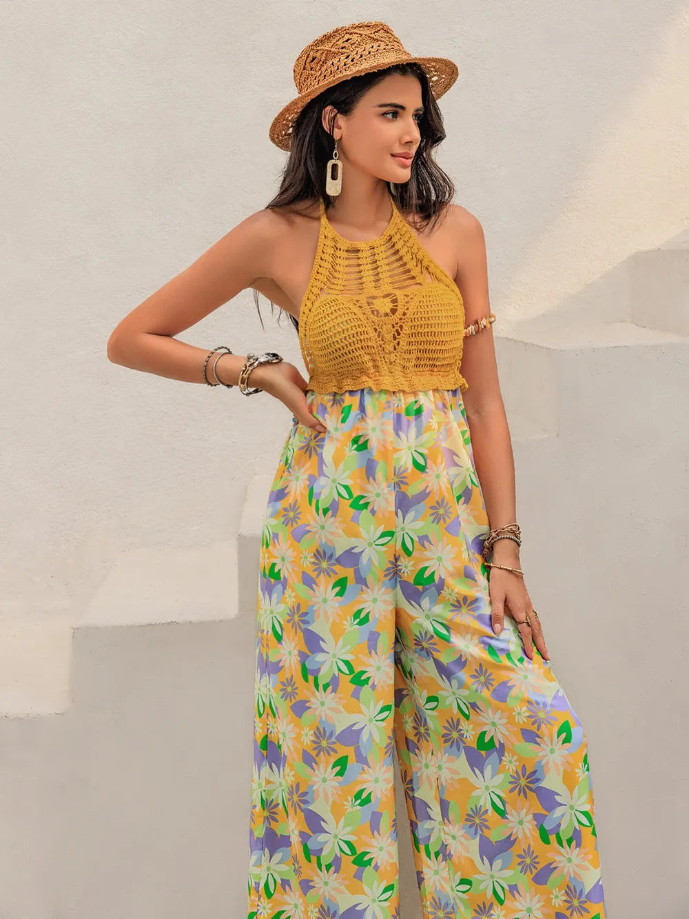 Openwork Halter Neck Floral Wide Leg Jumpsuit nicholesgifts