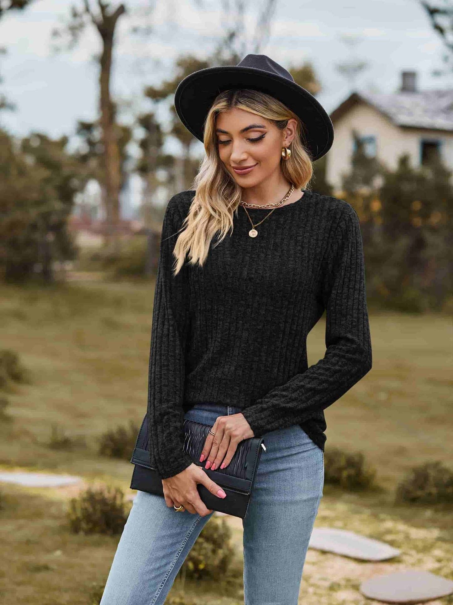 Ribbed Round Neck Long Sleeve Tee NicholesGifts