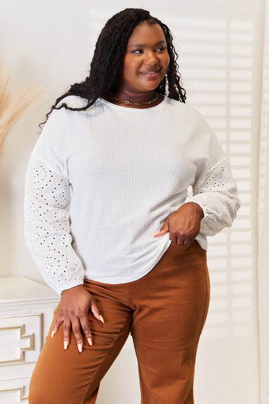 Double Take Eyelet Dropped Shoulder Round Neck Blouse NicholesGifts