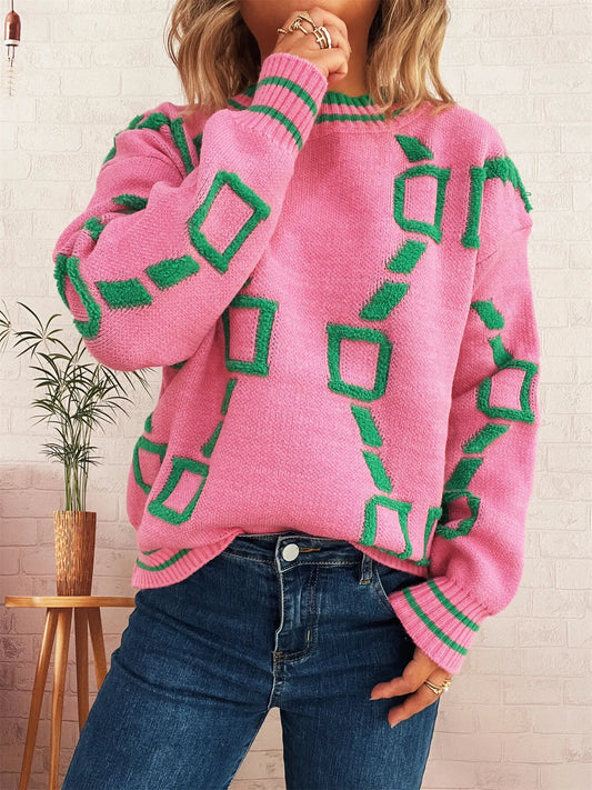 Contrast Round Neck Long Sleeve Sweater