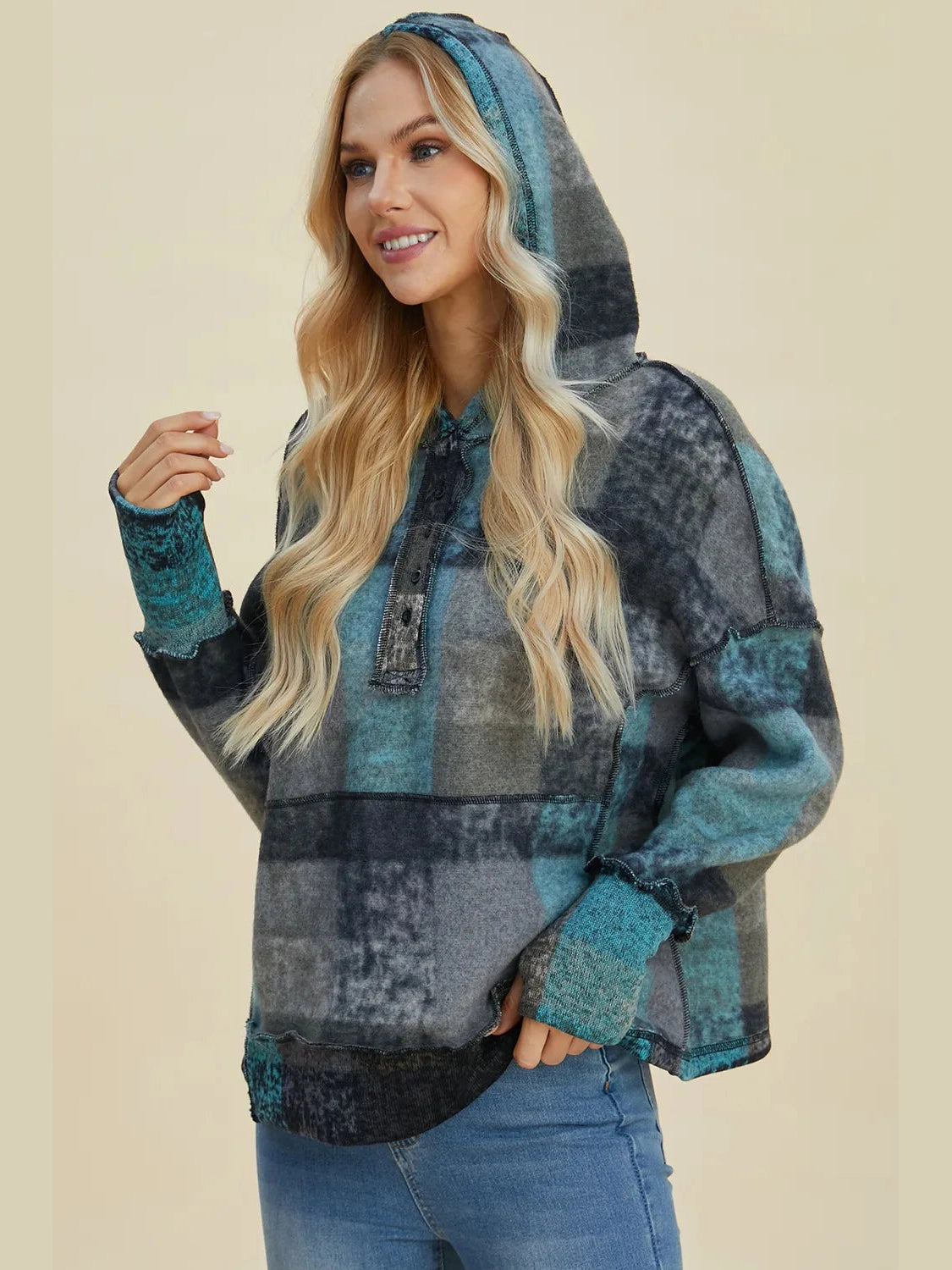Double Take Full Size Plaid Dropped Shoulder Fleece Hoodie Trendsi