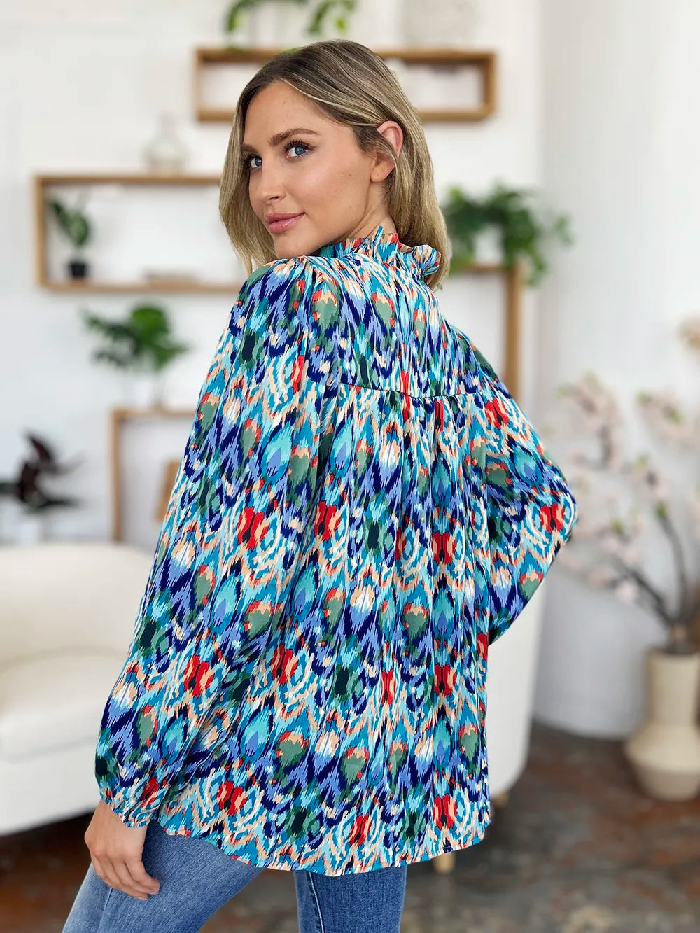 Double Take Full Size Printed Balloon Sleeve Blouse nicholesgifts