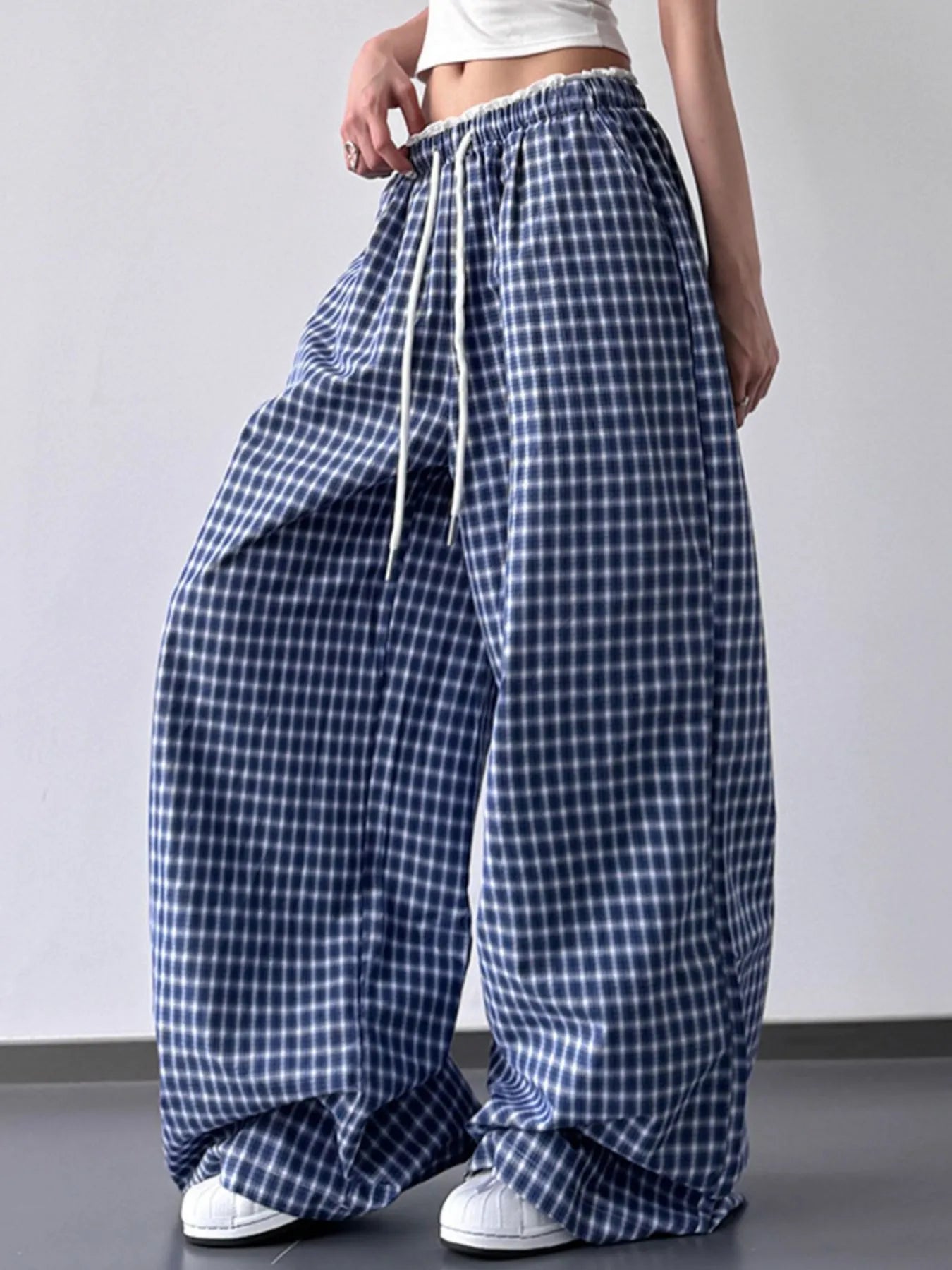 Drawstring Plaid Wide Leg Pants Trendsi