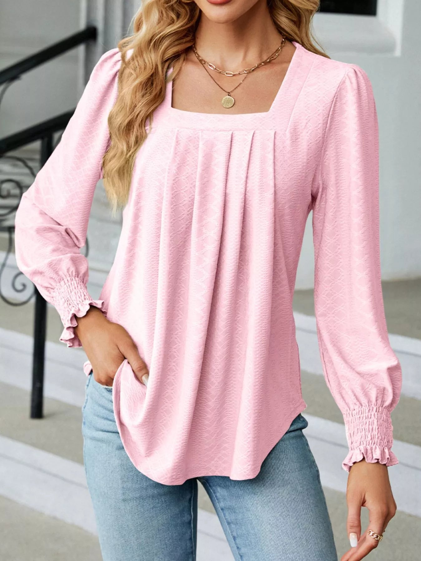 Pleated Square Neck Long Sleeve Top Trendsi