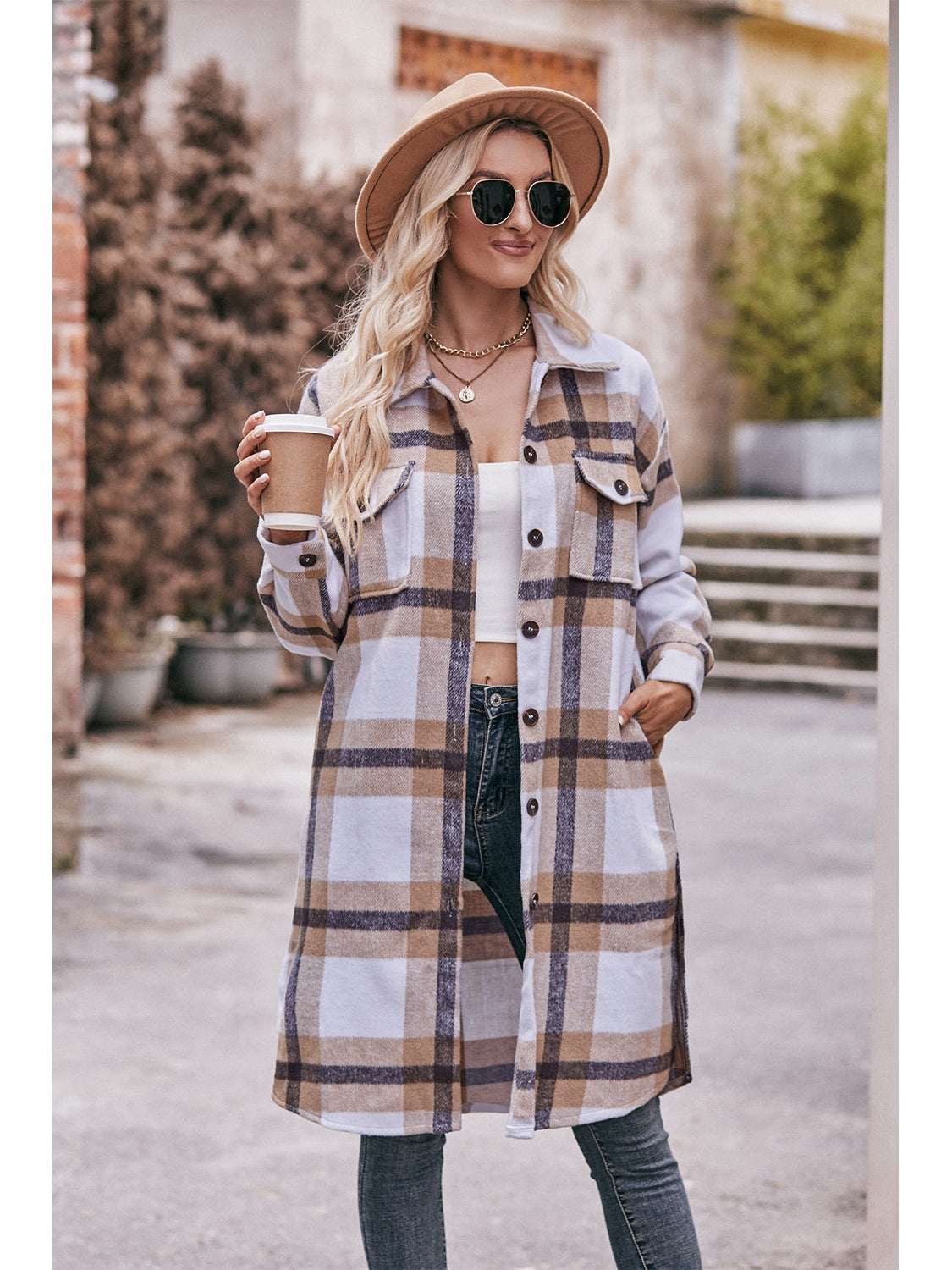 NicholesGifts Women Mandy Plaid Dropped Shoulder Longline Jacket