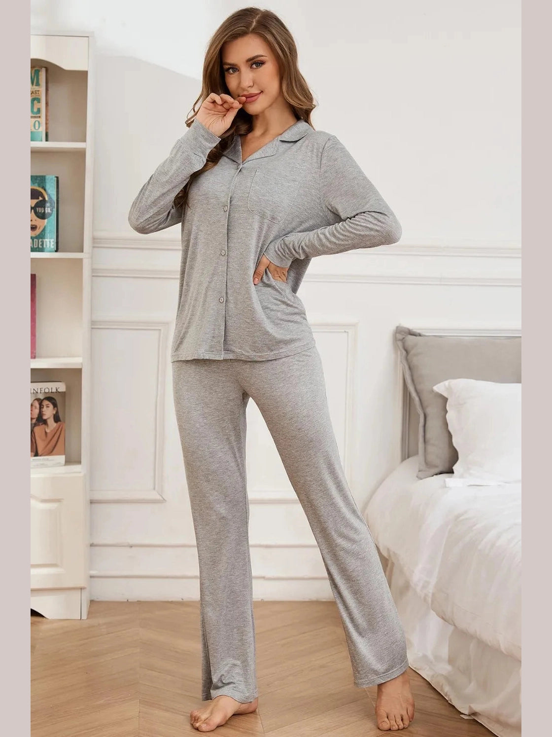 Button Up Long Sleeve Top and Pants Lounge Set nicholesgifts