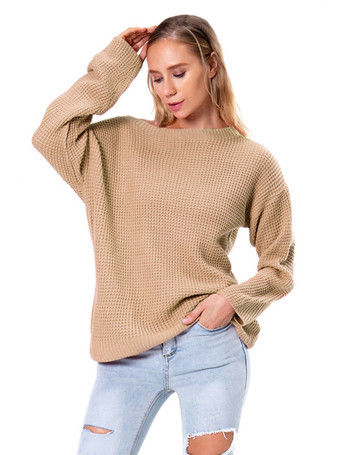 Boat Neck Drop Shoulder Long Sleeve Sweater nicholesgifts