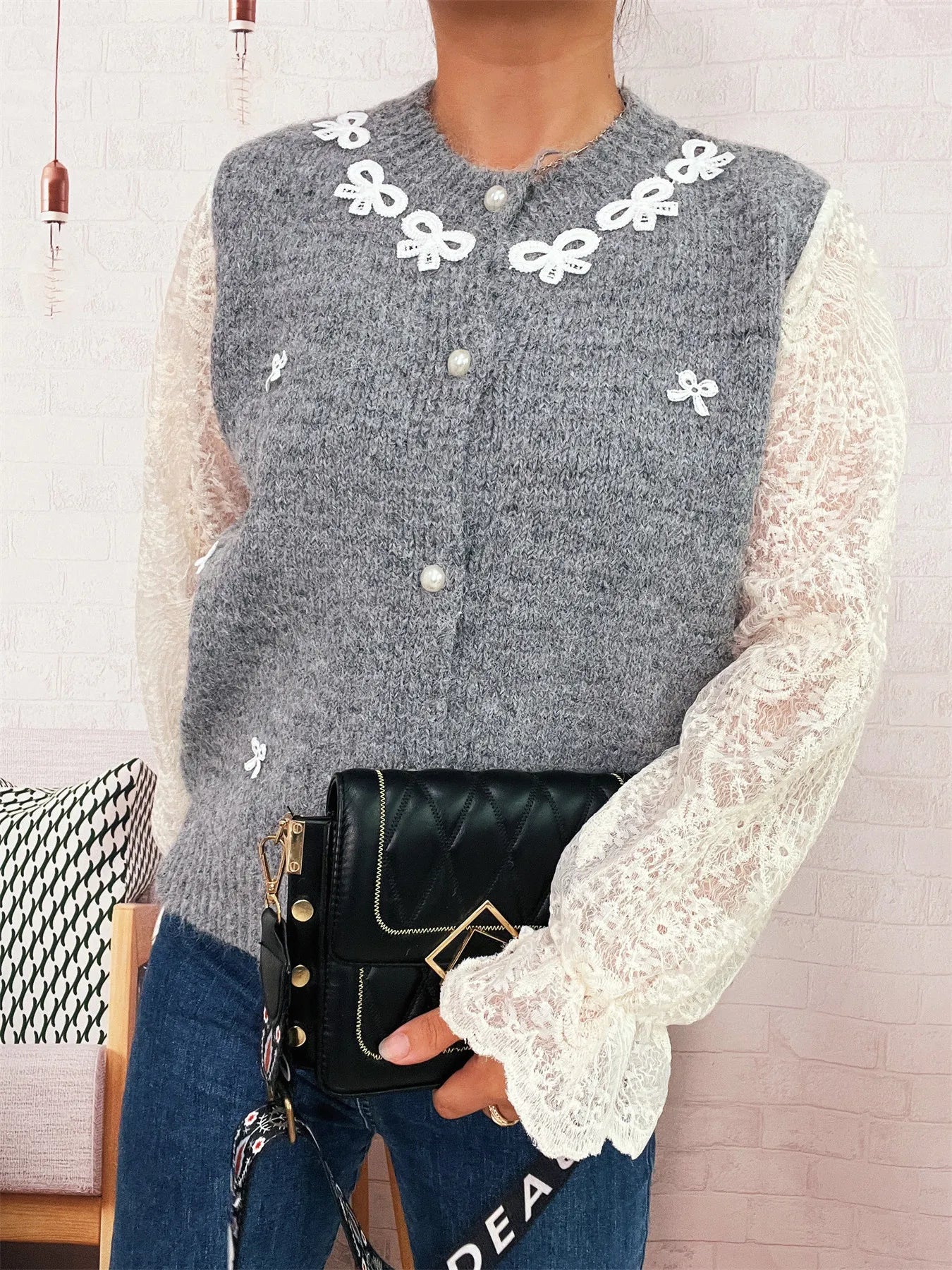 Lace Sleeve Button-Up Cardigan