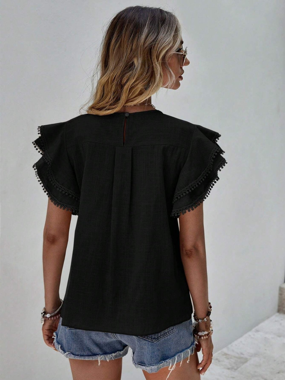 Ruffled Cap Sleeve Round Neck Blouse nicholesgifts