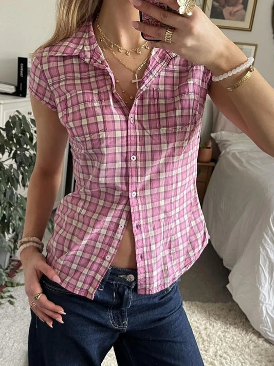 Plaid Cap Sleeve Button-Up Shirt nicholesgifts