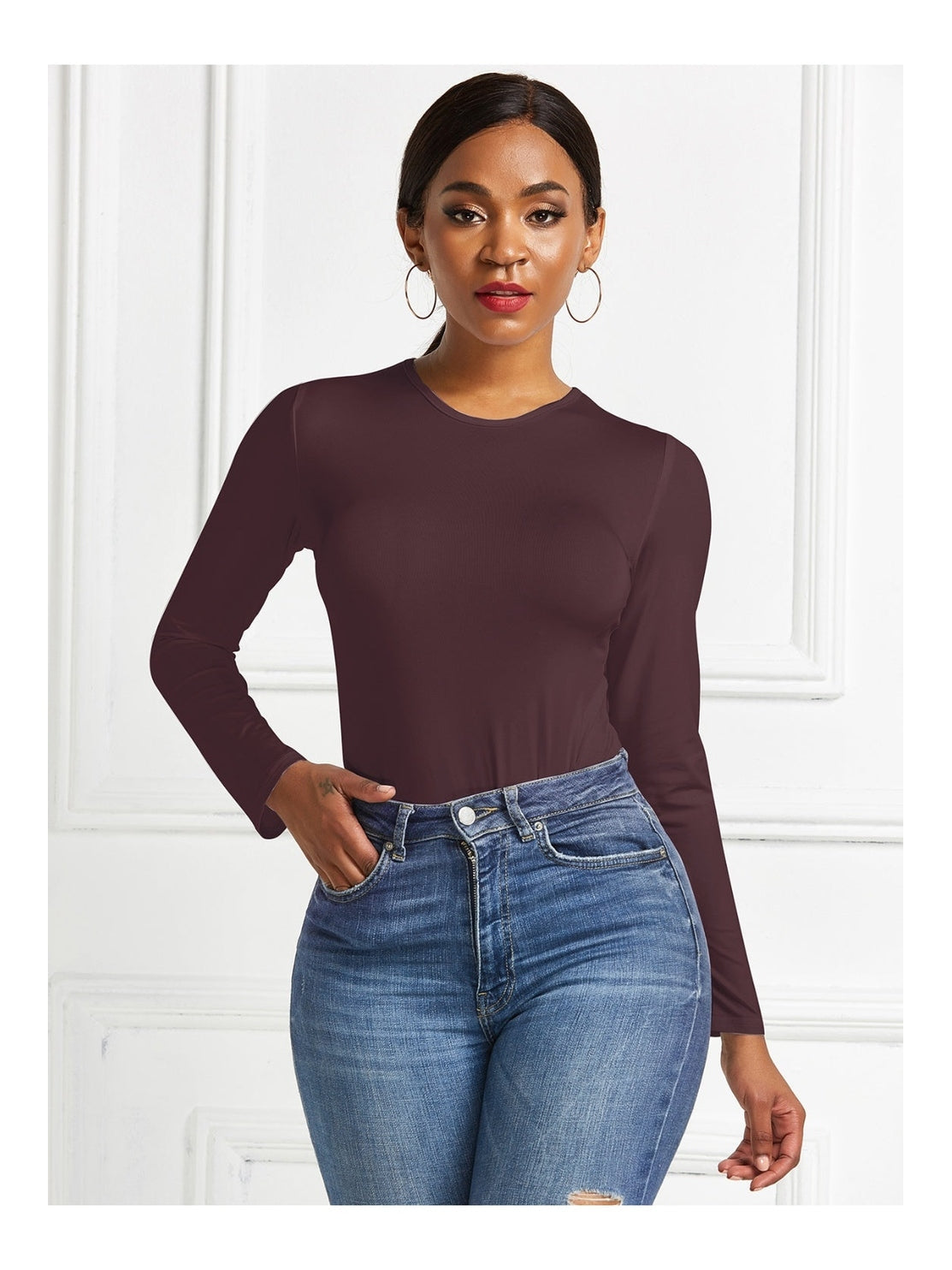 Women Round Neck Long Sleeve Bodysuit nicholesgifts