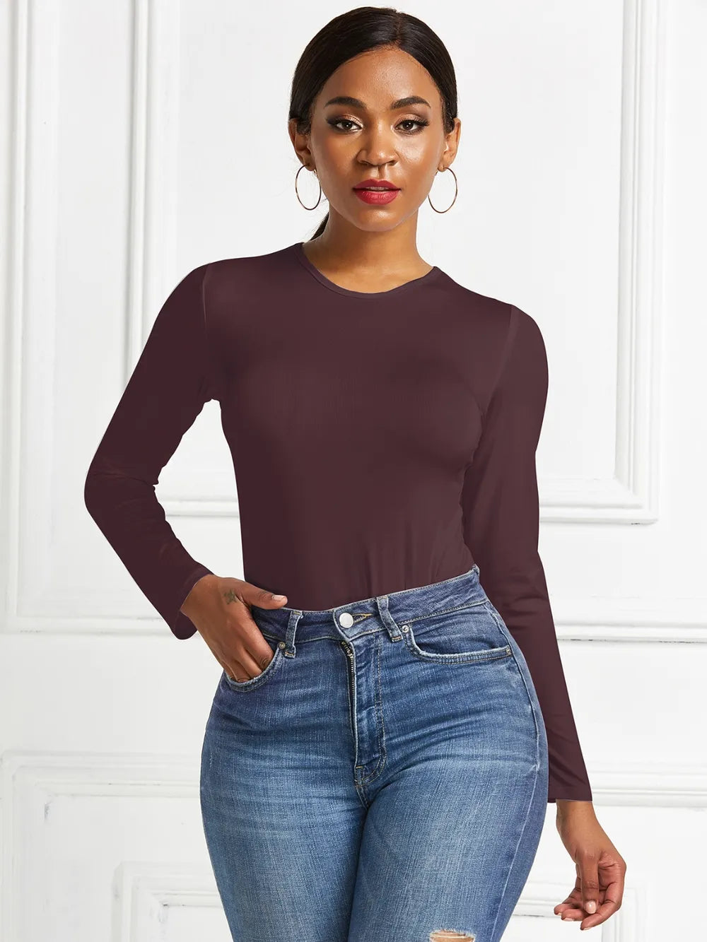 Round Neck Long Sleeve Bodysuit nicholesgifts