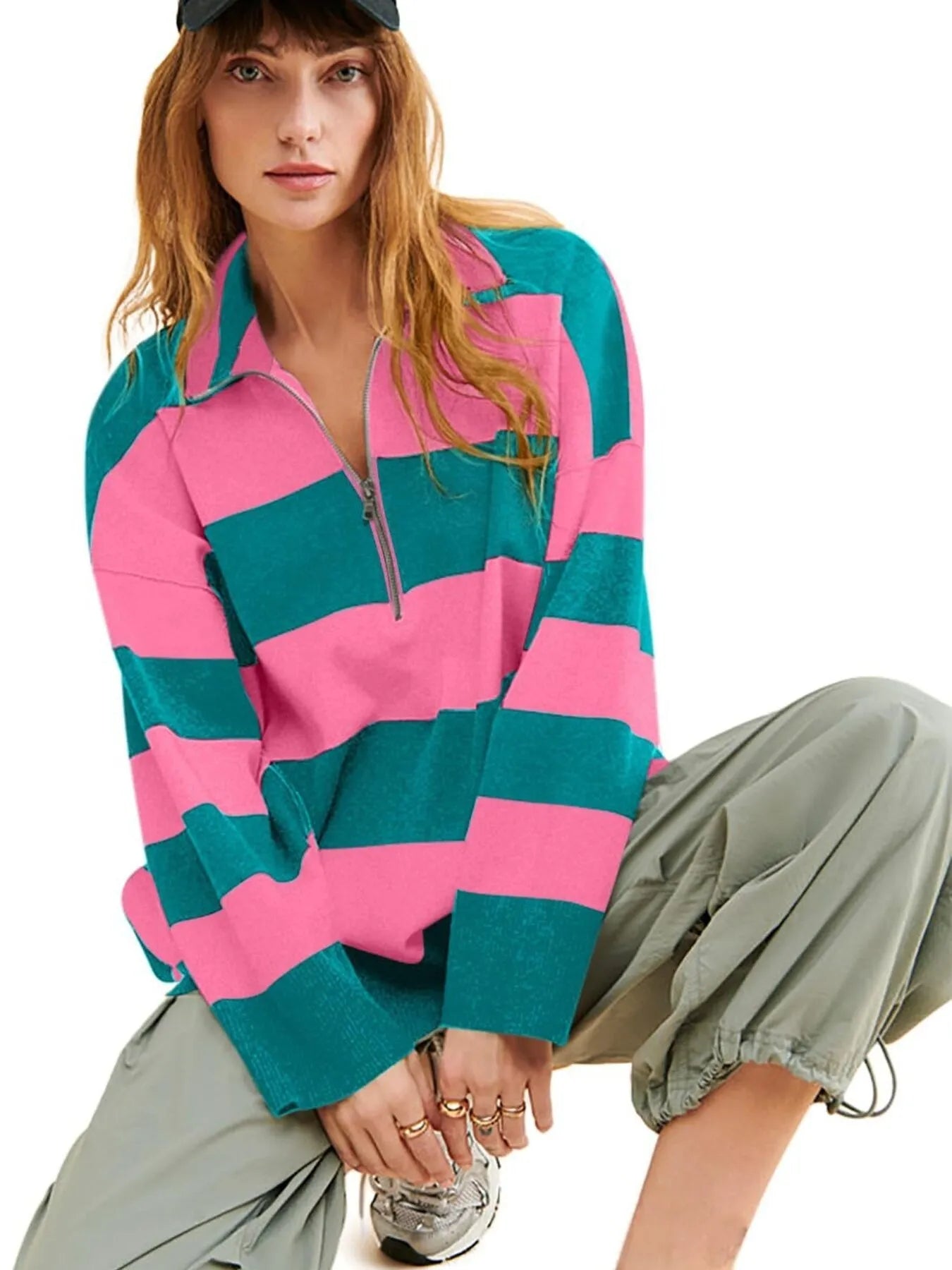 Striped Half-Zip Oversized Sweatshirt NicholesGifts